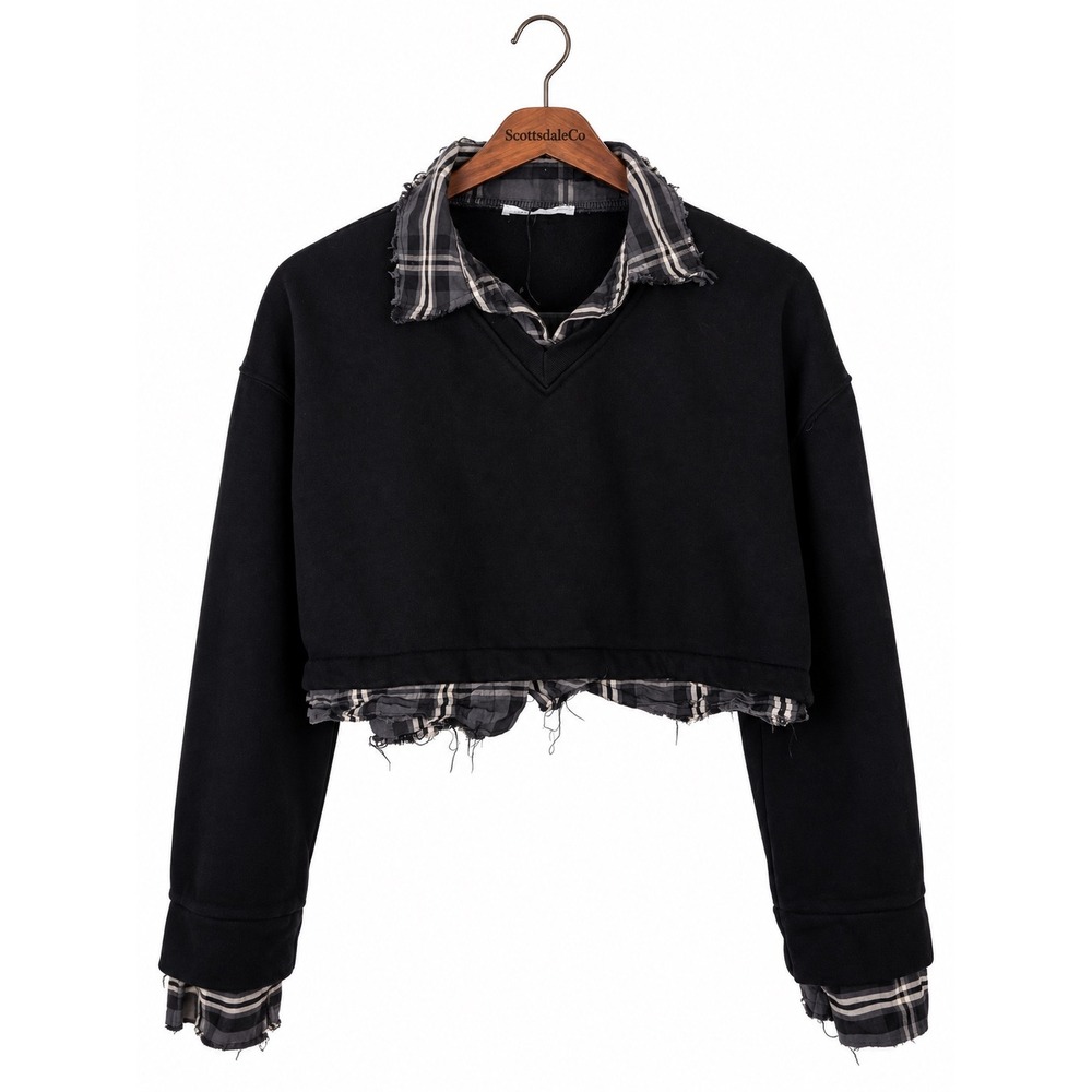 Zara Cropped Sweatshirt Womens Small Black Cotton Plaid Layered Grunge Raw Hem